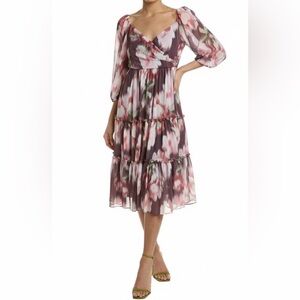 Sachin + Babi Pink, Green and Cream Floral Tiered Midi Dress